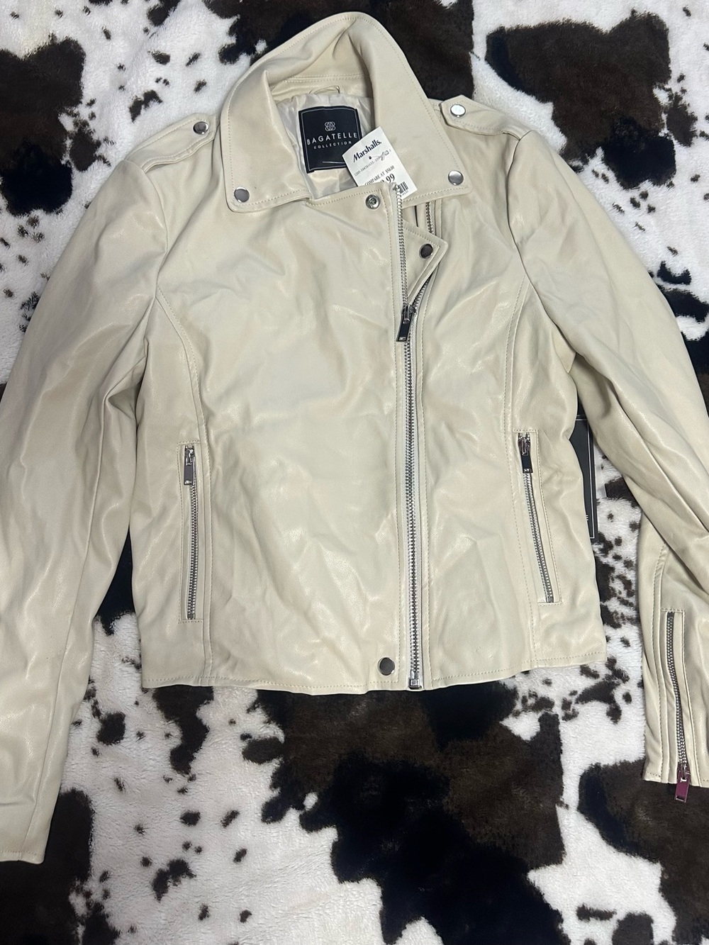 Bagatelle Womens Cream Leather Moto Jacket